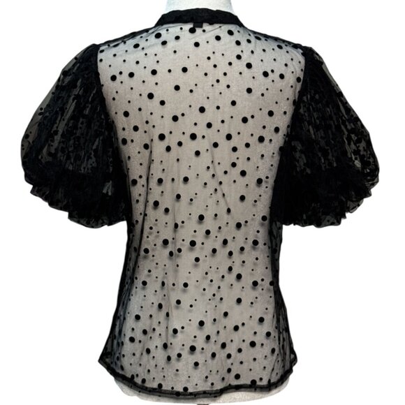 NEW Polka Dot Sheer Black Puff Sleeve Button-Up Blouse By Haute Monde Size S - Picture 7 of 13